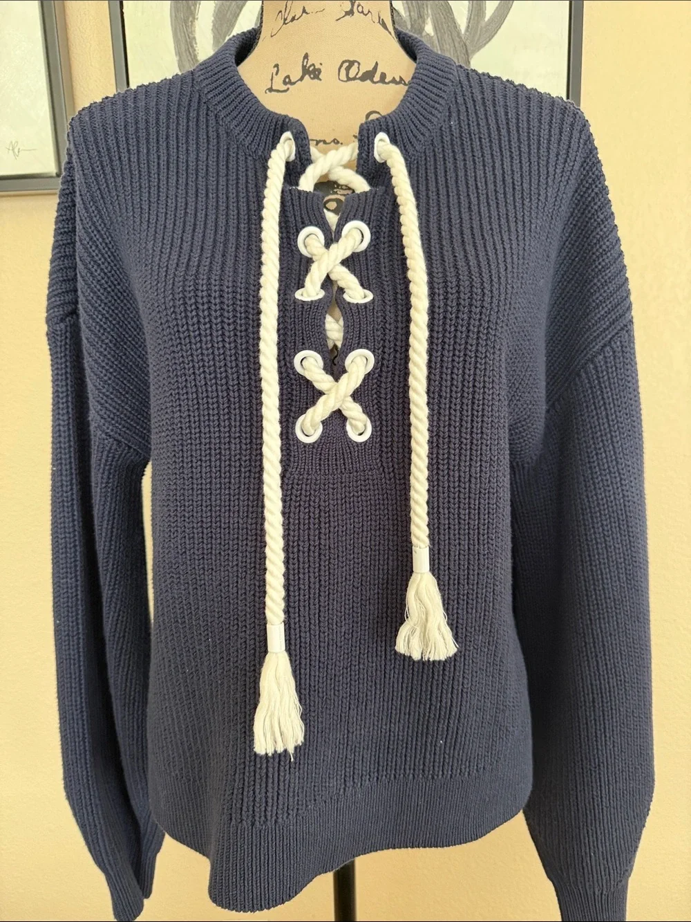Women's Navy Lace-Up Knit Sweater with White Rope Drawcords